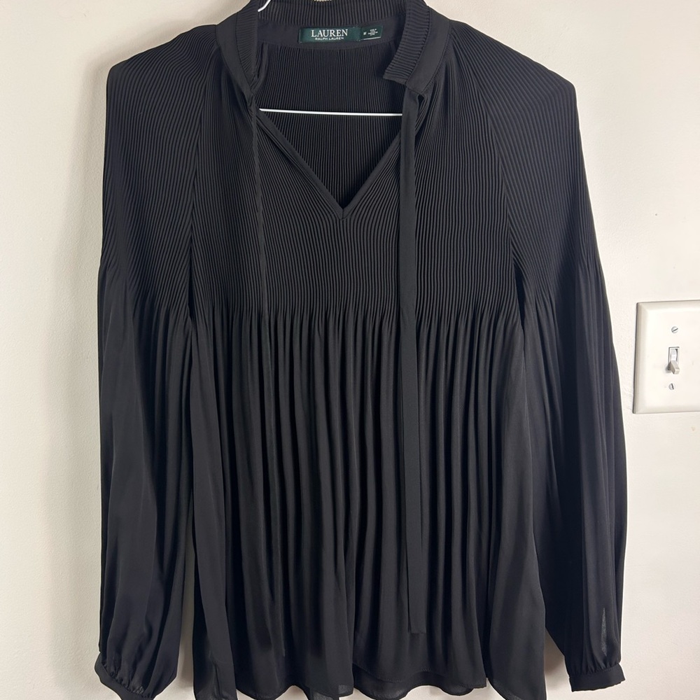 Lauren Ralph Lauren Women's Pleated Tie-Front Top Blouse Black - Picture 3 of 7